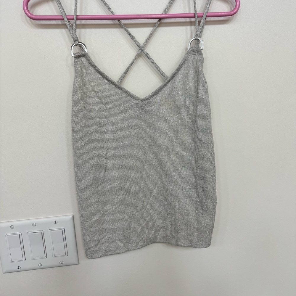 Worth New York Light Silver Metallic Knit Tank Top